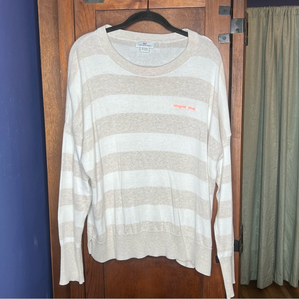 Vineyard Vines Palm Beach Tan Striped Sweater Pullover Coastal Preppy Size L - Picture 2 of 5